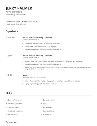 Air And Hydronic Balancing Technician Resume