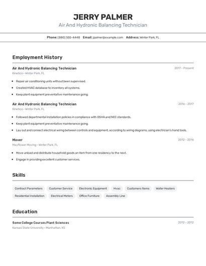 Air And Hydronic Balancing Technician Resume