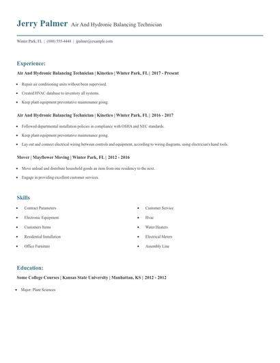 Air And Hydronic Balancing Technician Resume