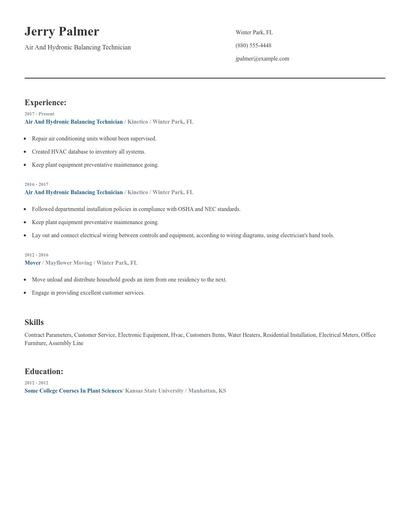 Air And Hydronic Balancing Technician Resume