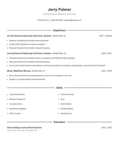 Air And Hydronic Balancing Technician Resume