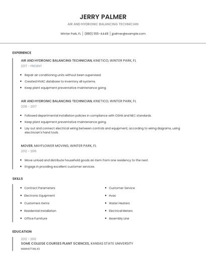 Air And Hydronic Balancing Technician Resume