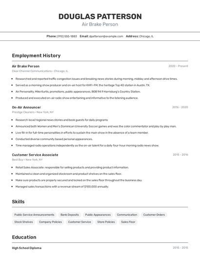 Air Brake Person Resume
