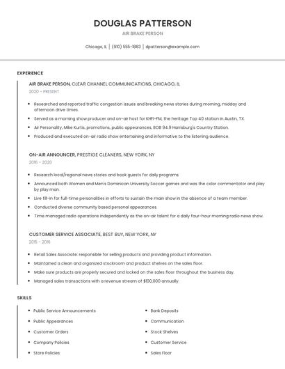 Air Brake Person Resume