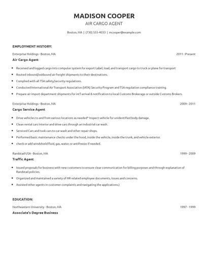 Air Cargo Agent Resume