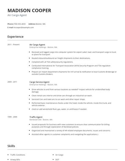 Air Cargo Agent Resume
