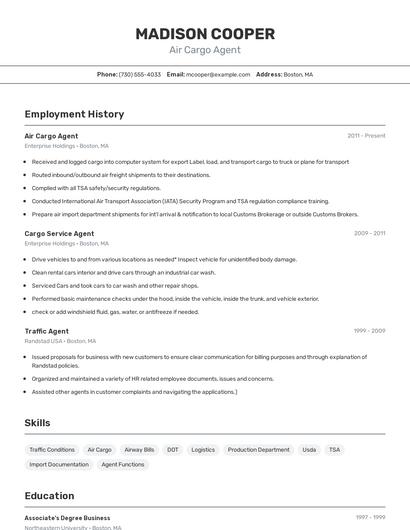 Air Cargo Agent Resume