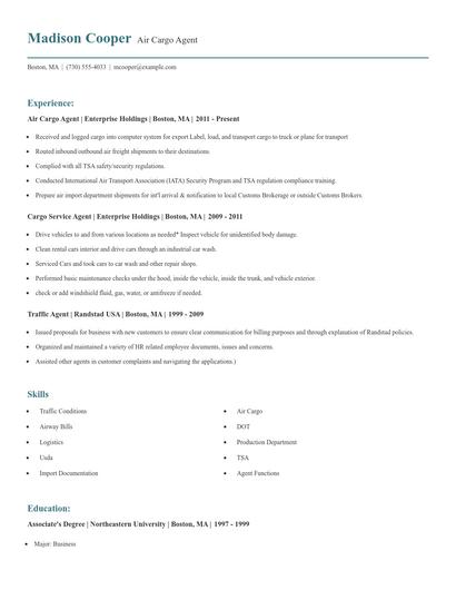 Air Cargo Agent Resume