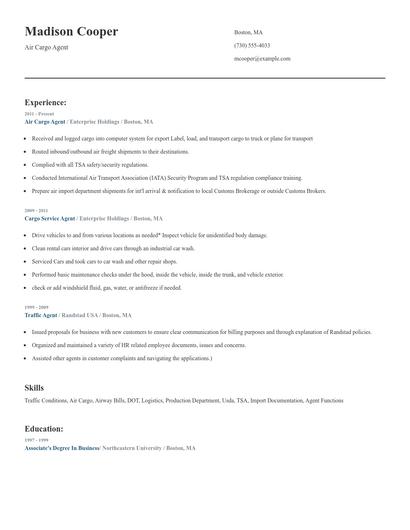 Air Cargo Agent Resume