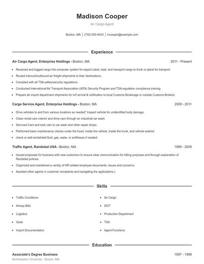 Air Cargo Agent Resume