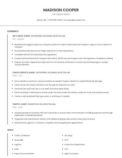 Air Cargo Agent Resume