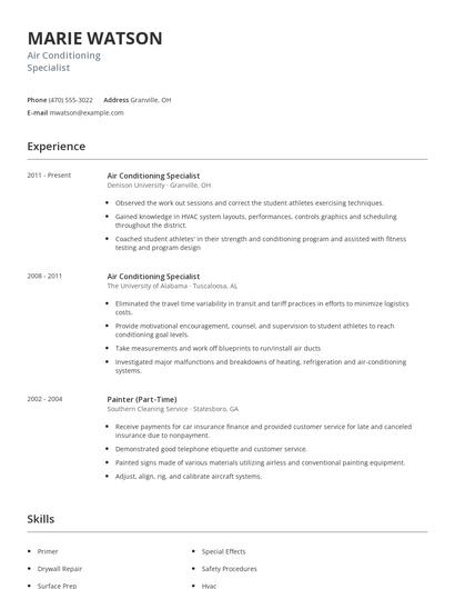 Air Conditioning Specialist Resume