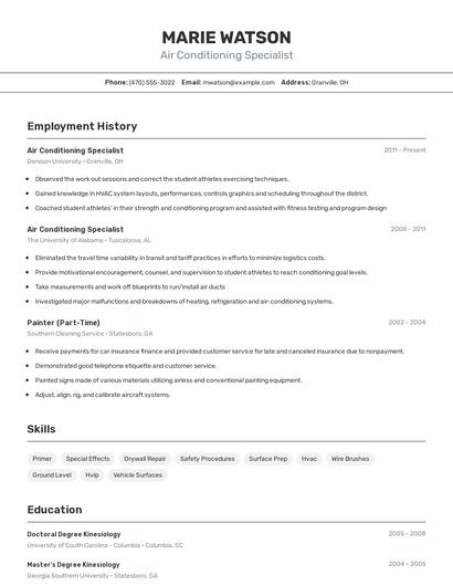 Air Conditioning Specialist Resume