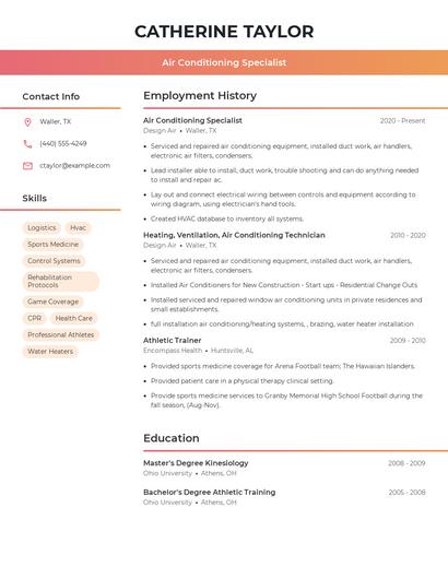 Air Conditioning Specialist Resume