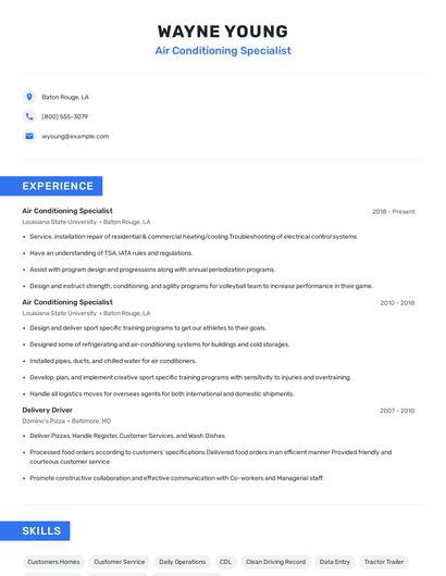 Air Conditioning Specialist Resume