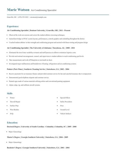 Air Conditioning Specialist Resume