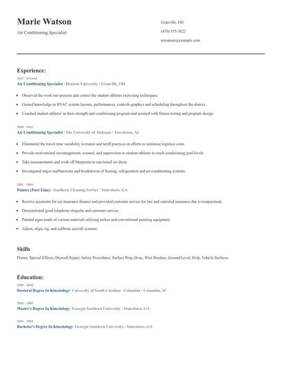 Air Conditioning Specialist Resume