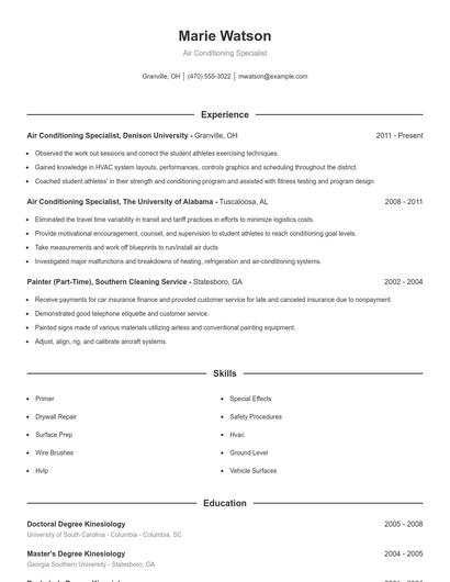 Air Conditioning Specialist Resume
