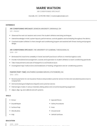Air Conditioning Specialist Resume
