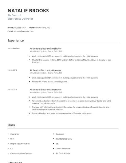 Air Control Electronics Operator Resume