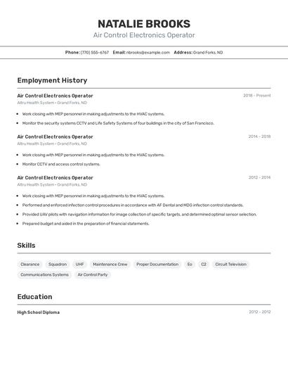 Air Control Electronics Operator Resume