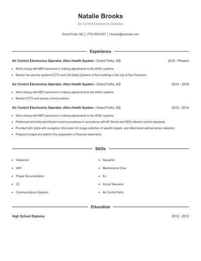 Air Control Electronics Operator Resume