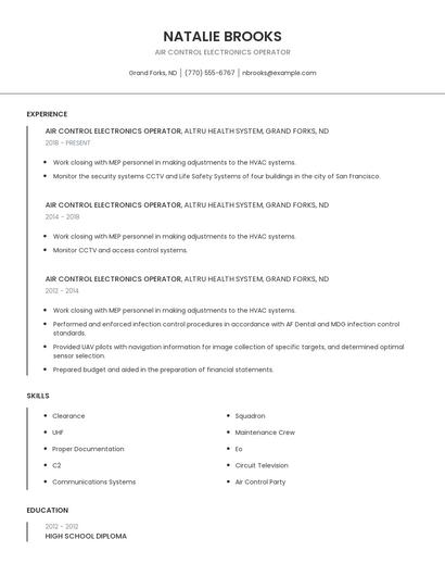 Air Control Electronics Operator Resume