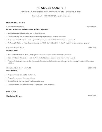 Aircraft Armament And Armament Systems Specialist Resume