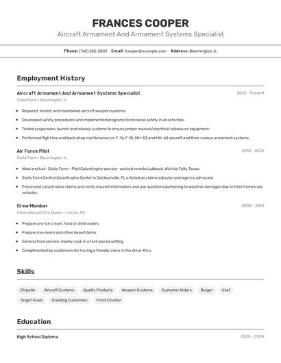 Aircraft Armament And Armament Systems Specialist Resume