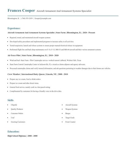 Aircraft Armament And Armament Systems Specialist Resume