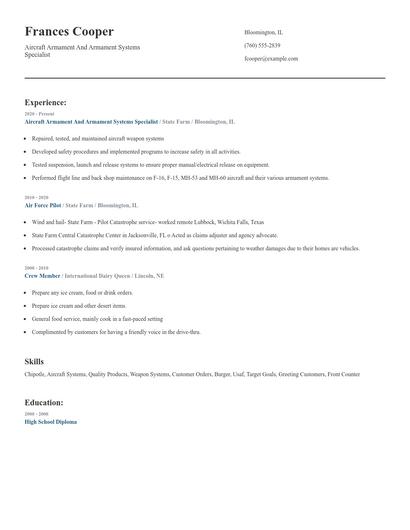 Aircraft Armament And Armament Systems Specialist Resume