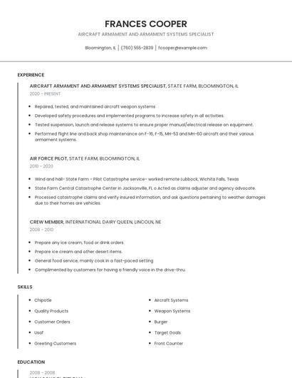 Aircraft Armament And Armament Systems Specialist Resume