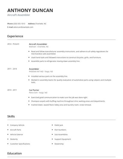 Aircraft Assembler Resume