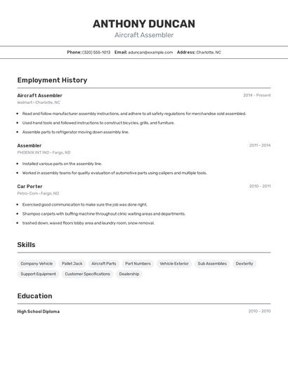 Aircraft Assembler Resume