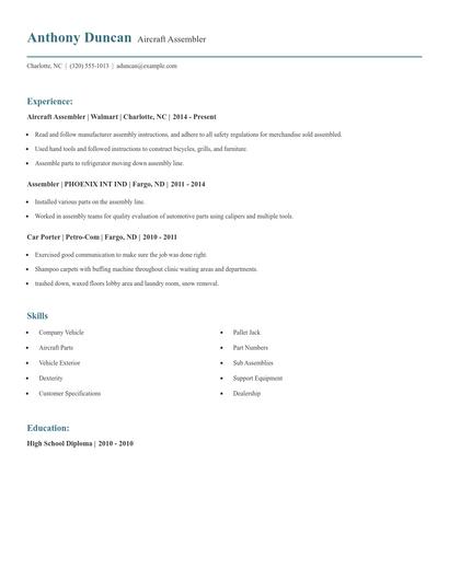 Aircraft Assembler Resume