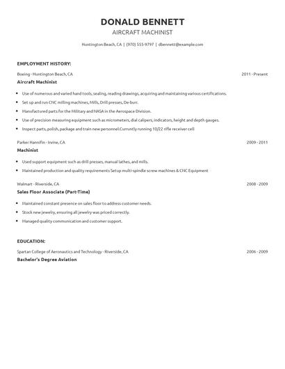 Aircraft Machinist Resume