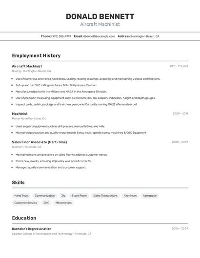 Aircraft Machinist Resume