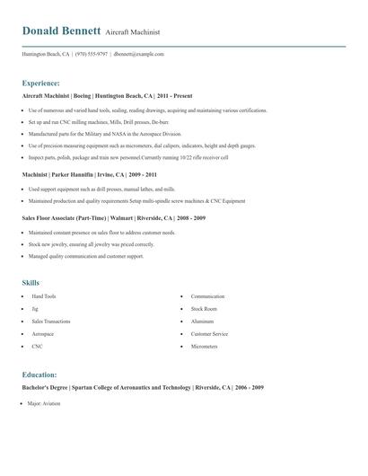 Aircraft Machinist Resume
