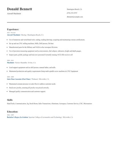 Aircraft Machinist Resume
