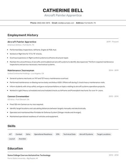 Aircraft Painter Apprentice Resume