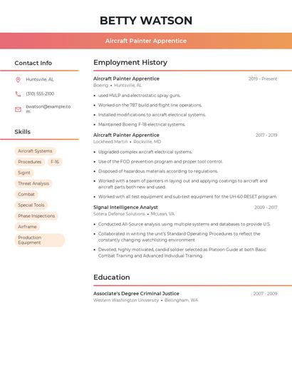 Aircraft Painter Apprentice Resume