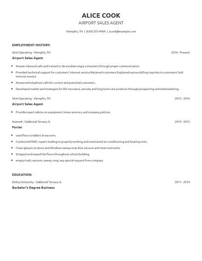 Airport Sales Agent Resume