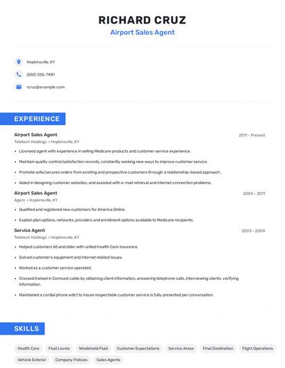 Airport Sales Agent Resume