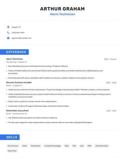 Alarm Technician Resume