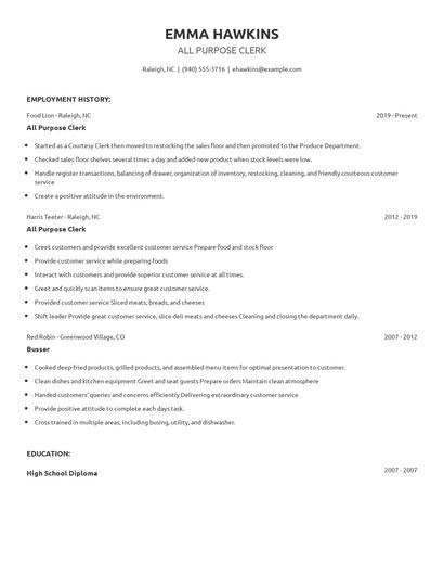All Purpose Clerk Resume