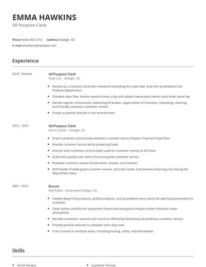 All Purpose Clerk Resume