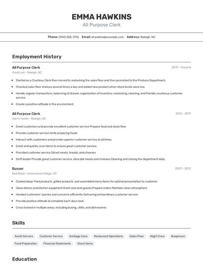 All Purpose Clerk Resume