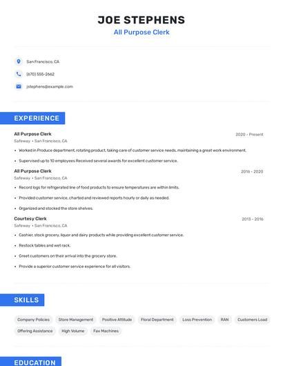 All Purpose Clerk Resume