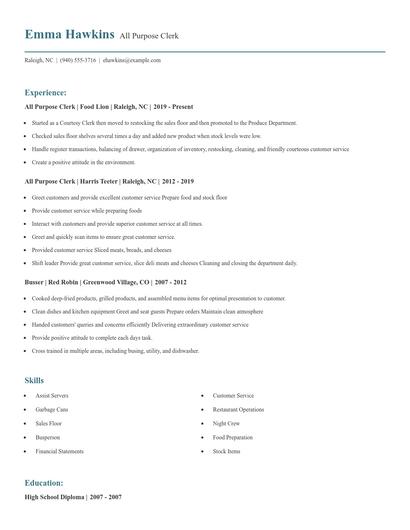 All Purpose Clerk Resume