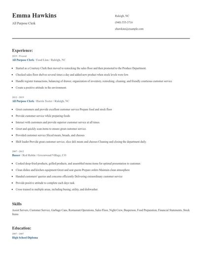 All Purpose Clerk Resume